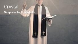  Presentation with grey black white - Presentation theme having young male priest in black and white giving his blessing in front of grey wall with glowing cross concept background and a gray colored foreground