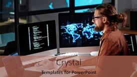  Presentation with computer software - Slide deck with young-male-programmer-in-eyeglasses background and a red colored foreground