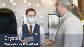  Presentation with receptionist - Audience pleasing PPT theme consisting of young-male-receptionist-in-protective backdrop and a ocean colored foreground