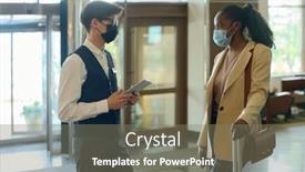  Presentation with face mask - Slide deck having young-male-receptionist-in-uniform background and a gray colored foreground