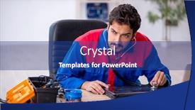  Presentation with computer - PPT theme with young-male-repairman-repairing-computer background and a ocean colored foreground