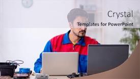  Presentation with computer - Slide deck having young-male-repairman-repairing-computer background and a sky blue colored foreground