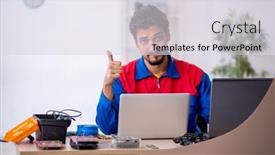  Presentation with computer - Presentation enhanced with young-male-repairman-repairing-computer background and a sky blue colored foreground