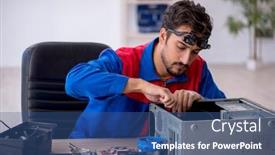  Presentation with computer - Slide set with young-male-repairman-repairing-computer background and a ocean colored foreground