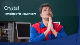  Presentation with computers - Slide deck having young-male-repairman-repairing-computers background and a ocean colored foreground