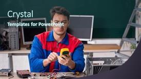  Presentation with computers - Presentation theme having young-male-repairman-repairing-computers background and a tawny brown colored foreground