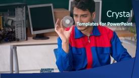  Presentation with computers - Presentation having young-male-repairman-repairing-computers background and a navy blue colored foreground