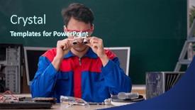  Presentation with computers - Presentation theme consisting of young-male-repairman-repairing-computers background and a ocean colored foreground