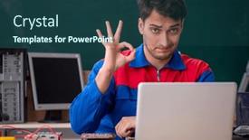  Presentation with computers - Slide deck featuring young-male-repairman-repairing-computers background and a ocean colored foreground