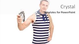  Presentation with crushing - Presentation consisting of young male sailor crushing a can with bare hands and looking at the camera isolated on white background background and a white colored foreground