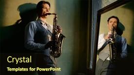  Presentation with musical instrument - Slides featuring young-male-saxophonist-playing-musical background and a wine colored foreground