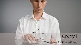  Presentation with atom - Presentation theme consisting of young male scientist working with a model of the atom background and a light gray colored foreground