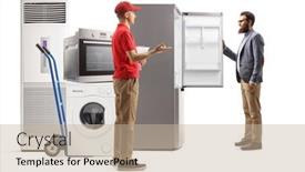  Presentation with home appliances - Beautiful theme featuring young-male-shop-assistant-showing backdrop and a mint green colored foreground