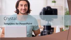  Presentation with blog - Cool new PPT theme with young-male-shopaholic-recording-video backdrop and a light blue colored foreground