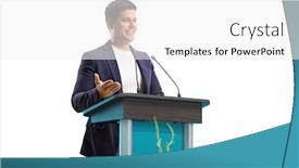 Presentation with speaker - Audience pleasing presentation design consisting of young-male-speaker-giving backdrop and a white colored foreground