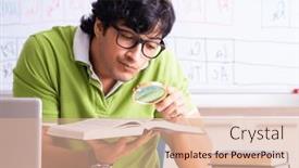  Presentation with periodic table - Presentation design enhanced with young-male-student-chemist and a coral colored foreground