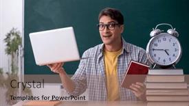  Presentation with management - Presentation design consisting of young-male-student-in-time background and a coral colored foreground