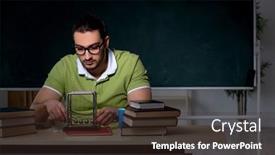  Presentation with student - Colorful slide deck enhanced with young-male-student-physicist-working backdrop and a tawny brown colored foreground