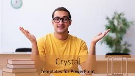  Presentation with physics - Presentation design consisting of young-male-student-physics-preparing background and a gold colored foreground