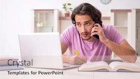  Presentation with student - Presentation design with young male student preparing for exams at home background and a lemonade colored foreground