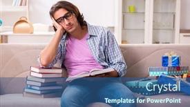  Presentation with test exam student - Slide set with young-male-student-preparing background and a ocean colored foreground