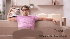  Presentation with student - Presentation theme enhanced with young-male-student-preparing background and a violet colored foreground