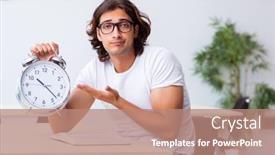  Presentation with classroom - Presentation design consisting of young-male-student-sitting background and a coral colored foreground