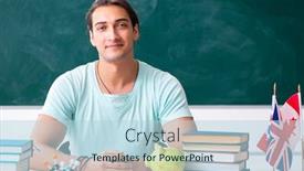  Presentation with classroom - Amazing PPT theme having young-male-student-sitting backdrop and a light blue colored foreground