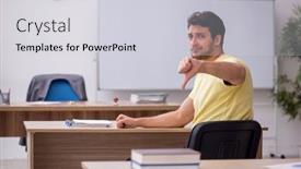  Presentation with teacher - Theme featuring young-male-student-teacher-sitting background and a light gray colored foreground