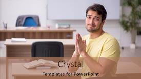  Presentation with teacher - Slides enhanced with young-male-student-teacher-sitting background and a coral colored foreground