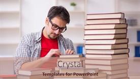  Presentation with many books - Slide deck consisting of young-male-student background and a coral colored foreground