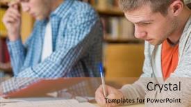  Presentation with academic writing - Colorful presentation theme enhanced with young male students writing backdrop and a coral colored foreground