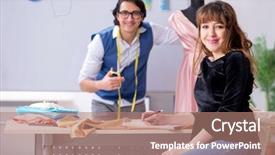  Presentation with teaching - Audience pleasing presentation design consisting of young male tailor teaching female backdrop and a  colored foreground