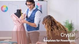  Presentation with female male symbol - Cool new presentation theme with young male tailor teaching female backdrop and a  colored foreground