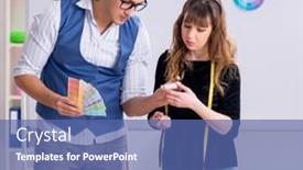  Presentation with teaching - Slide deck having young-male-tailor-teaching-female background and a ocean colored foreground