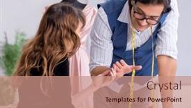  Presentation with teaching - Presentation theme featuring young-male-tailor-teaching-female and a  colored foreground