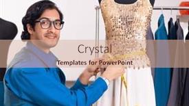  Presentation with tape recorder workshop - Theme with young-male-tailor-working background and a  colored foreground