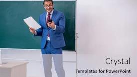  Presentation with teacher - PPT layouts enhanced with young-male-teacher-in-suit background and a light gray colored foreground