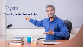  Presentation with teacher - Slide deck enhanced with young-male-teacher-physicist-sitting background and a sky blue colored foreground