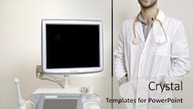  Presentation with ultrasound machine - PPT theme having young male technician operating background and a light gray colored foreground