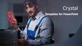  Presentation with computer workshop - Audience pleasing PPT theme consisting of young-male-technician-repairing-computer backdrop and a dark gray colored foreground