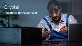  Presentation with computer workshop - Cool new PPT theme with young-male-technician-repairing-computer backdrop and a ocean colored foreground