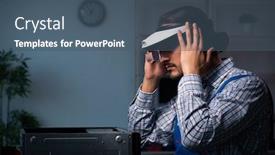  Presentation with computer workshop - Slide set having young-male-technician-repairing-computer background and a ocean colored foreground