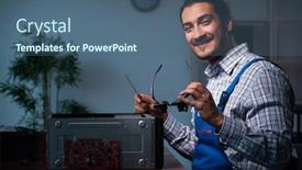  Presentation with computer workshop - Presentation theme having young-male-technician-repairing-computer background and a ocean colored foreground