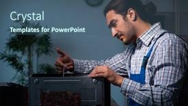  Presentation with computer workshop - Audience pleasing PPT theme consisting of young-male-technician-repairing-computer backdrop and a ocean colored foreground