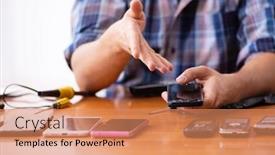  Presentation with phone - Amazing PPT theme having young-male-technician-repairing-mobile backdrop and a coral colored foreground