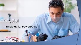  Presentation with phone - Slides consisting of young-male-technician-repairing-mobile background and a light blue colored foreground