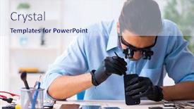  Presentation with phone - PPT theme with young-male-technician-repairing-mobile background and a sky blue colored foreground