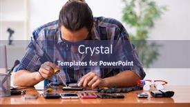  Presentation with phone - Audience pleasing presentation consisting of young-male-technician-repairing-mobile backdrop and a ocean colored foreground