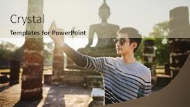  Presentation with thai - Beautiful slide deck featuring young-male-thai-tourist-taking backdrop and a soft green colored foreground